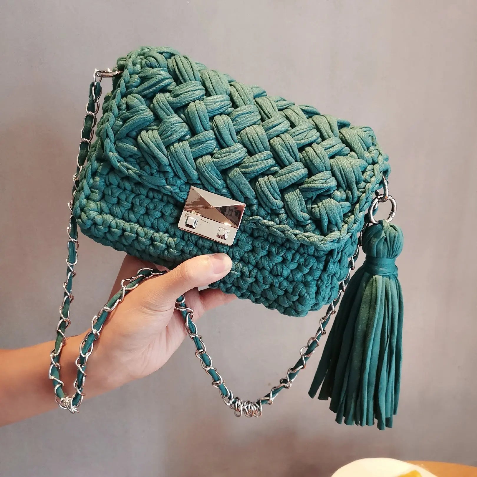 Hand-knitted One-shoulder Cross-body Bag With Wool Cloth Strips Angel Wishes