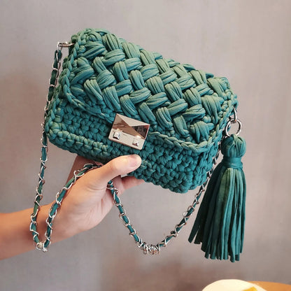 Hand-knitted One-shoulder Cross-body Bag With Wool Cloth Strips Angel Wishes