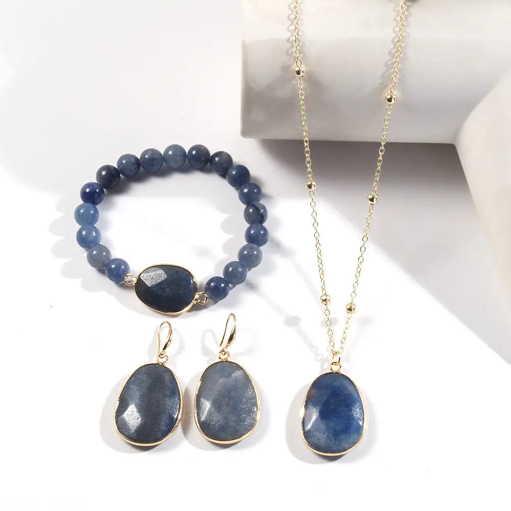 Gold Chain Necklace Natural Stone Bracelet Earrings Women's Jewelry Set Angel Wishes