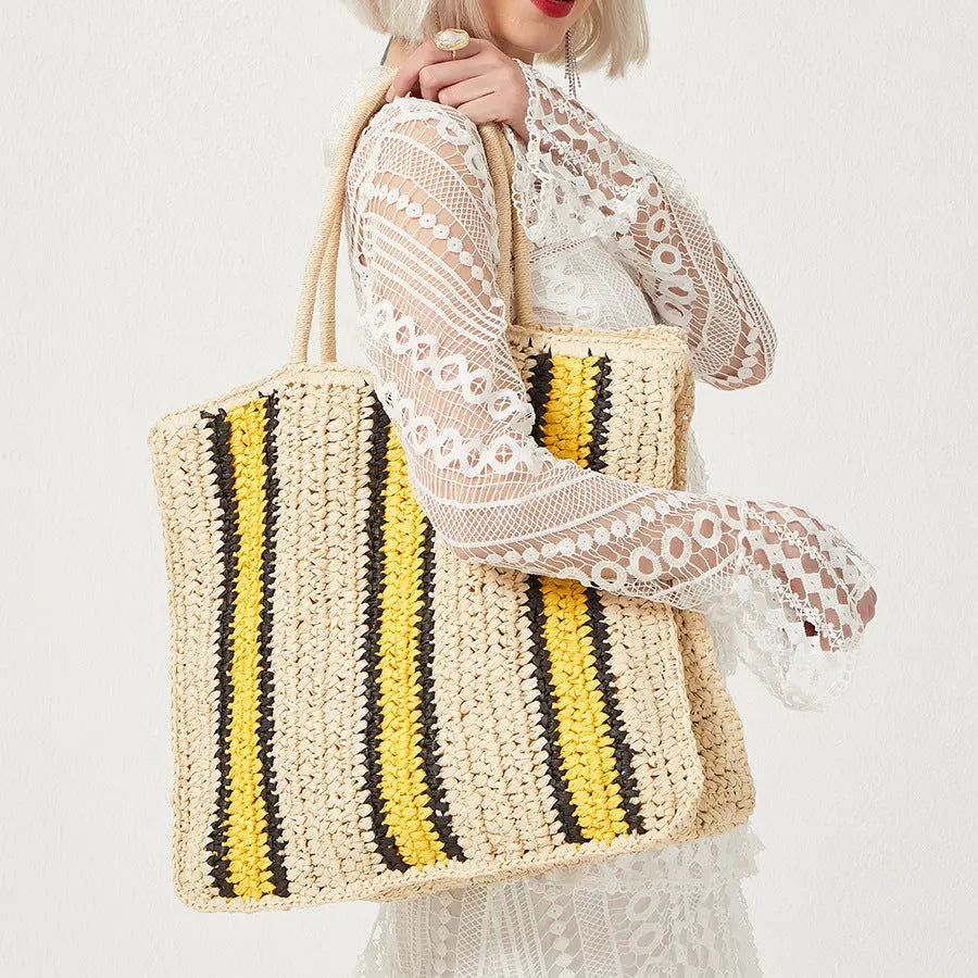 New Striped Large-capacity Straw Bag Fashionable Personality Angel Wishes