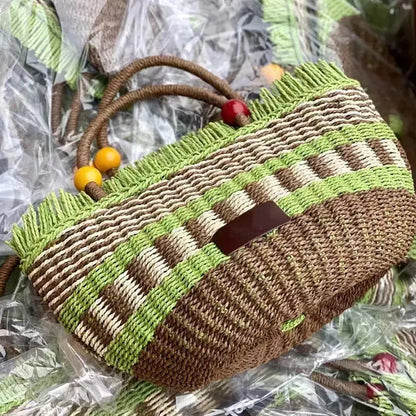 Picnic Basket Tassel Wooden Bead Decorative Cute Handbag Hand Woven Angel Wishes