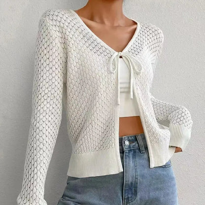 Women's New Lace-up Hollow Long Sleeve Knitted Cardigan Coat Angel Wishes
