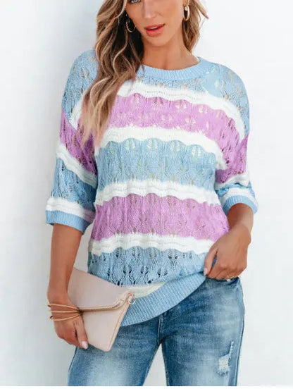 Purple Stripe Color Block Hollow Out Crochet Half Sleeve Sweater Angel Wishes