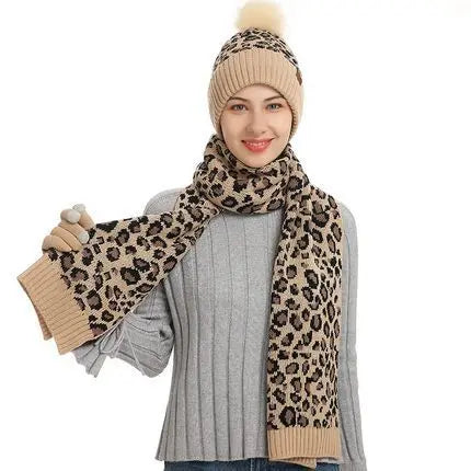 Winter Leopard Print Warm Knitted Wool Hat Scarf Gloves Three Piece Set Angel Wishes