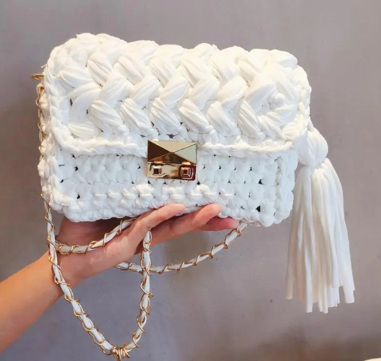 Hand-knitted One-shoulder Cross-body Bag With Wool Cloth Strips Angel Wishes