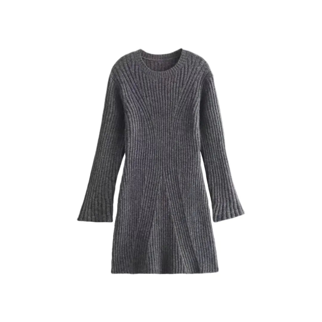 Fashion Solid Ribbed Knitted Dress Fall And Winter Slim-fit Stand-up Collar A-line Dresses Women's Clothing Angel Wishes