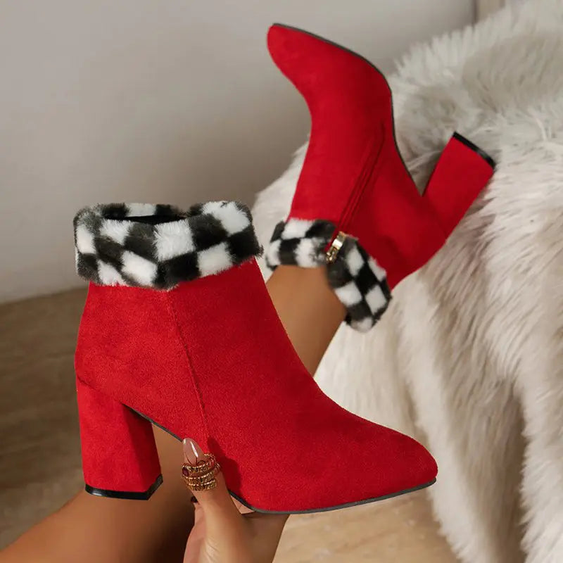 New Plaid Print Plush Ankle Boots Winter Fashoin Square Heel Suede Boots Women Casual Versatile Shoes Autumn And Winter Angel Wishes