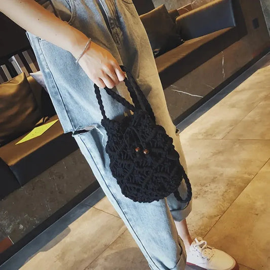 Women's Round Diagonal Cotton Crochet Tassel Small Bag Angel Wishes