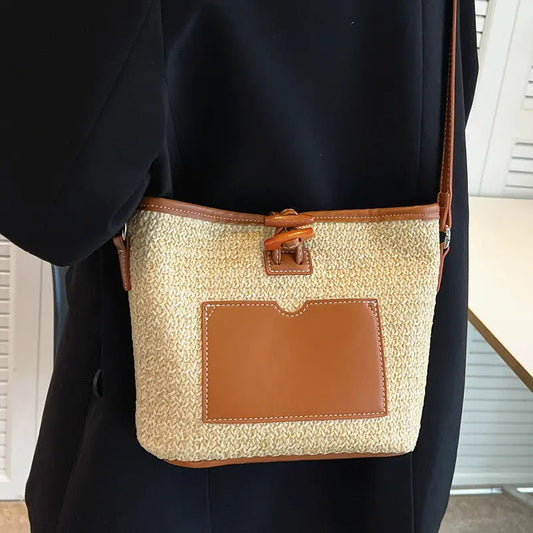Versatile One-shoulder Bucket Woven Straw Bag Angel Wishes