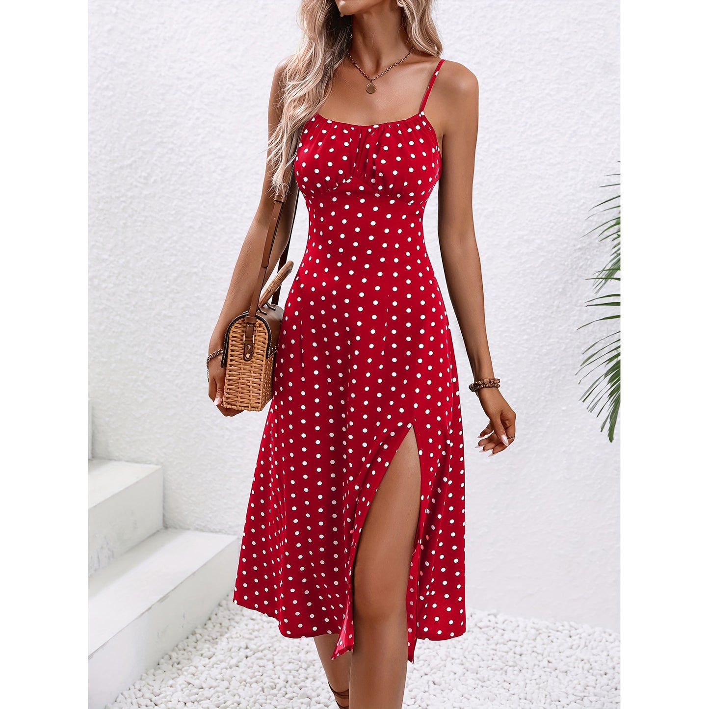 Polka Dot Print Suspender Slit Dress Angel Wishes