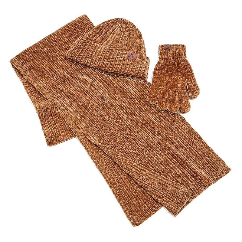 Three Piece Set Of Solid Color Ribbed Knitted Warm Scarf Hat And Gloves Angel Wishes