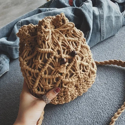 Women's Round Diagonal Cotton Crochet Tassel Small Bag Angel Wishes