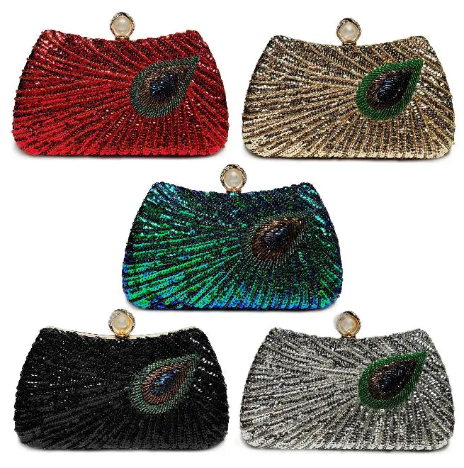 Beaded Peacock Feather Pearl Rhinestone Clutch Bag Angel Wishes