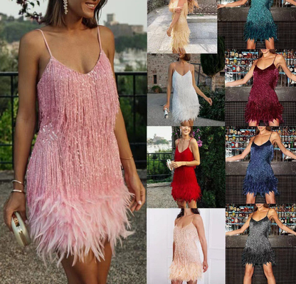 V-neck Strap Feather Stitching Dress Angel Wishes