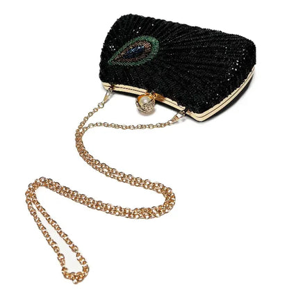 Beaded Peacock Feather Pearl Rhinestone Clutch Bag Angel Wishes