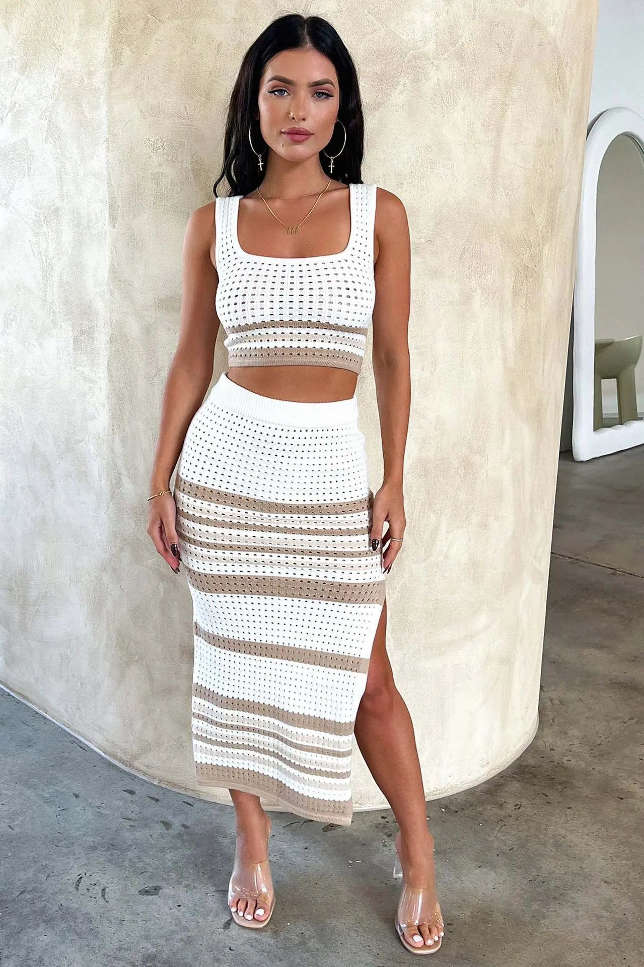 Summer New Sleeveless Vest Sexy Slit Striped Skirt Knitting Suit Angel Wishes