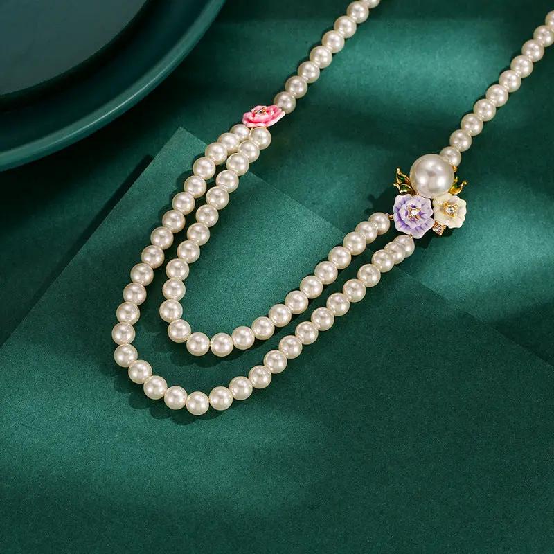 Rose Flower Double-layer Pearl Necklace Angel Wishes