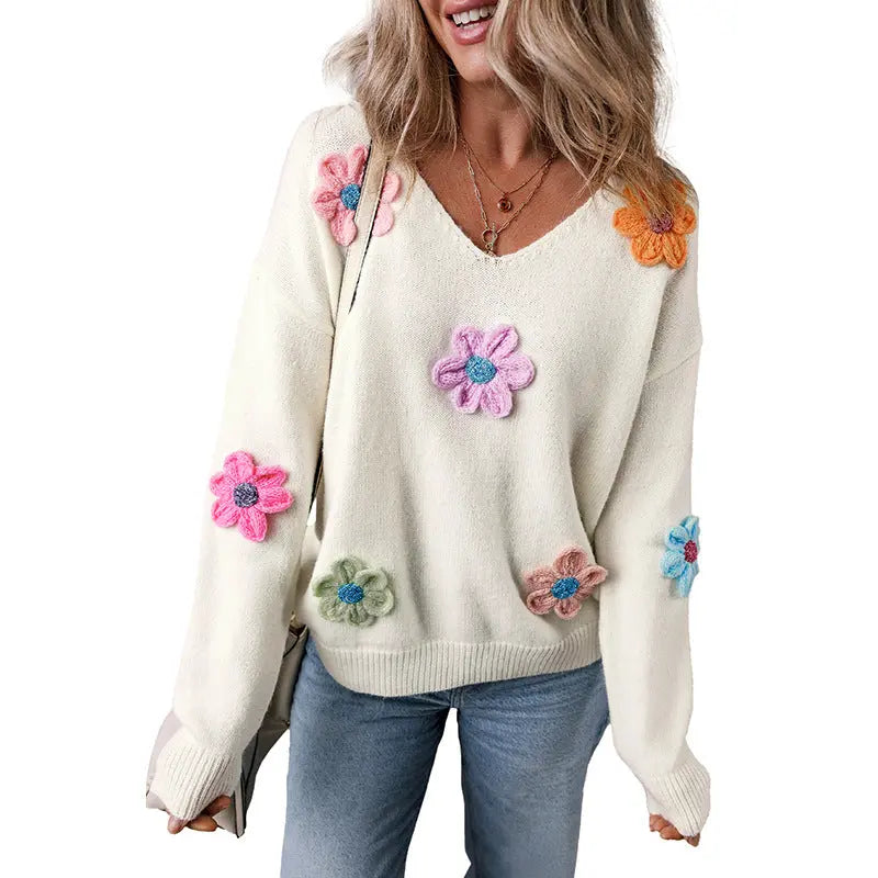 Flower Crochet V-neck Pullover Sweater for Women Angel Wishes