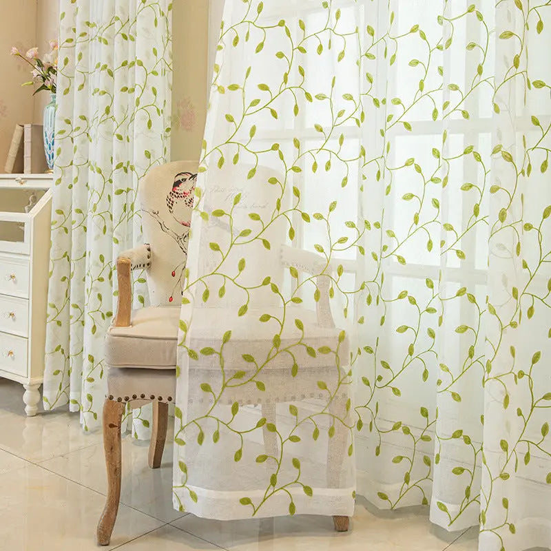 Embroidered Green Leaf Mesh Curtains Angel Wishes