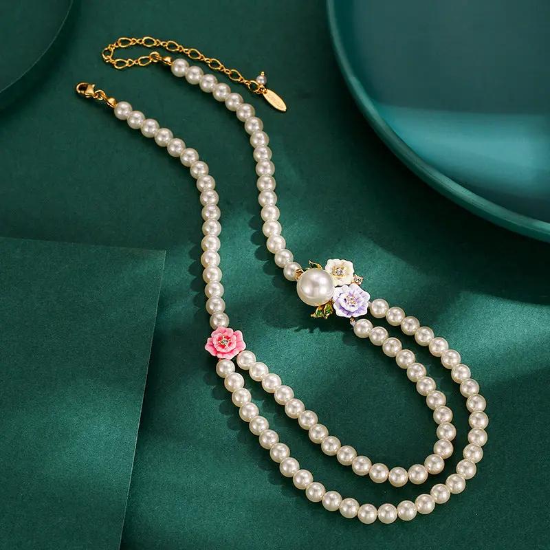 Rose Flower Double-layer Pearl Necklace Angel Wishes