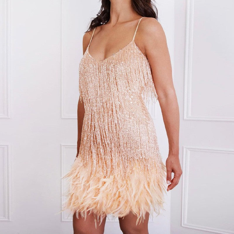 V-neck Strap Feather Stitching Dress Angel Wishes