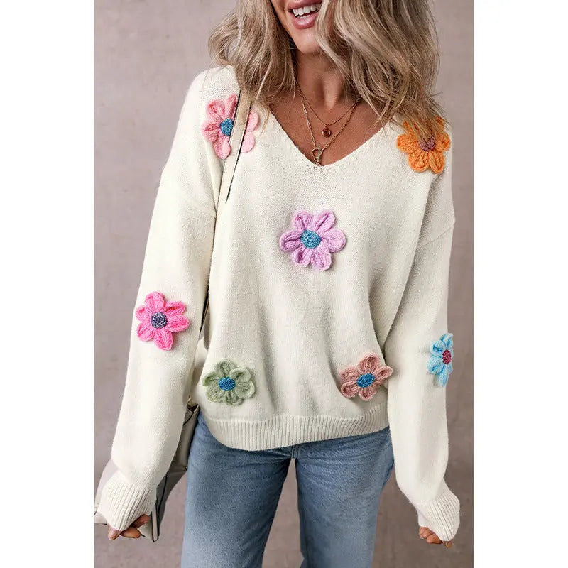 Flower Crochet V-neck Pullover Sweater for Women Angel Wishes