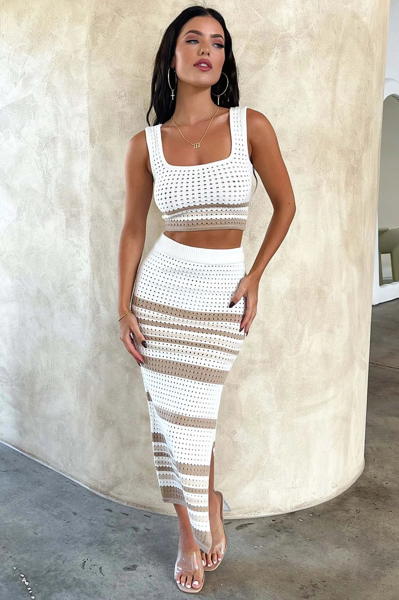 Summer New Sleeveless Vest Sexy Slit Striped Skirt Knitting Suit Angel Wishes