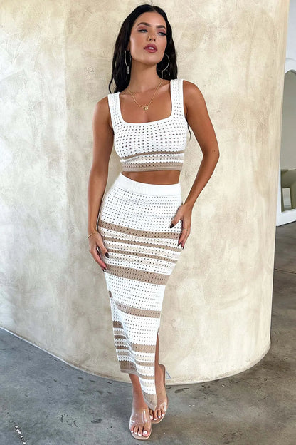 Summer New Sleeveless Vest Sexy Slit Striped Skirt Knitting Suit Angel Wishes