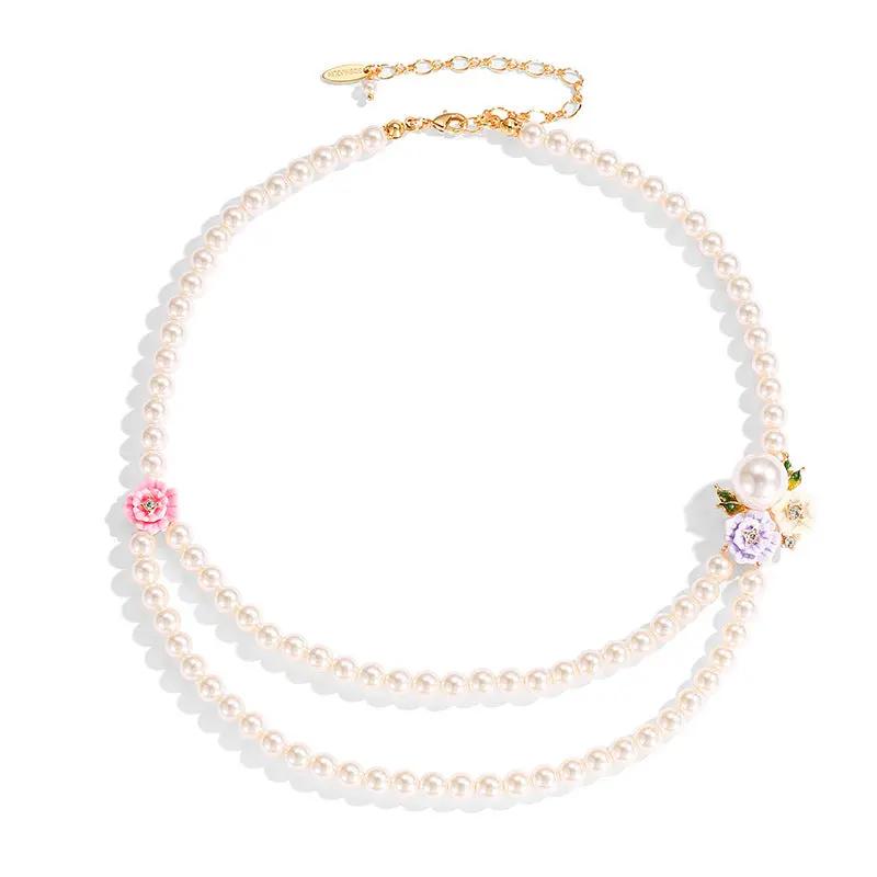 Rose Flower Double-layer Pearl Necklace Angel Wishes