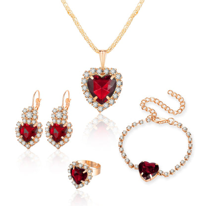 Heart Shape Rhinestone Necklace Earring Ring Bracelet 4 PCs Set Angel Wishes