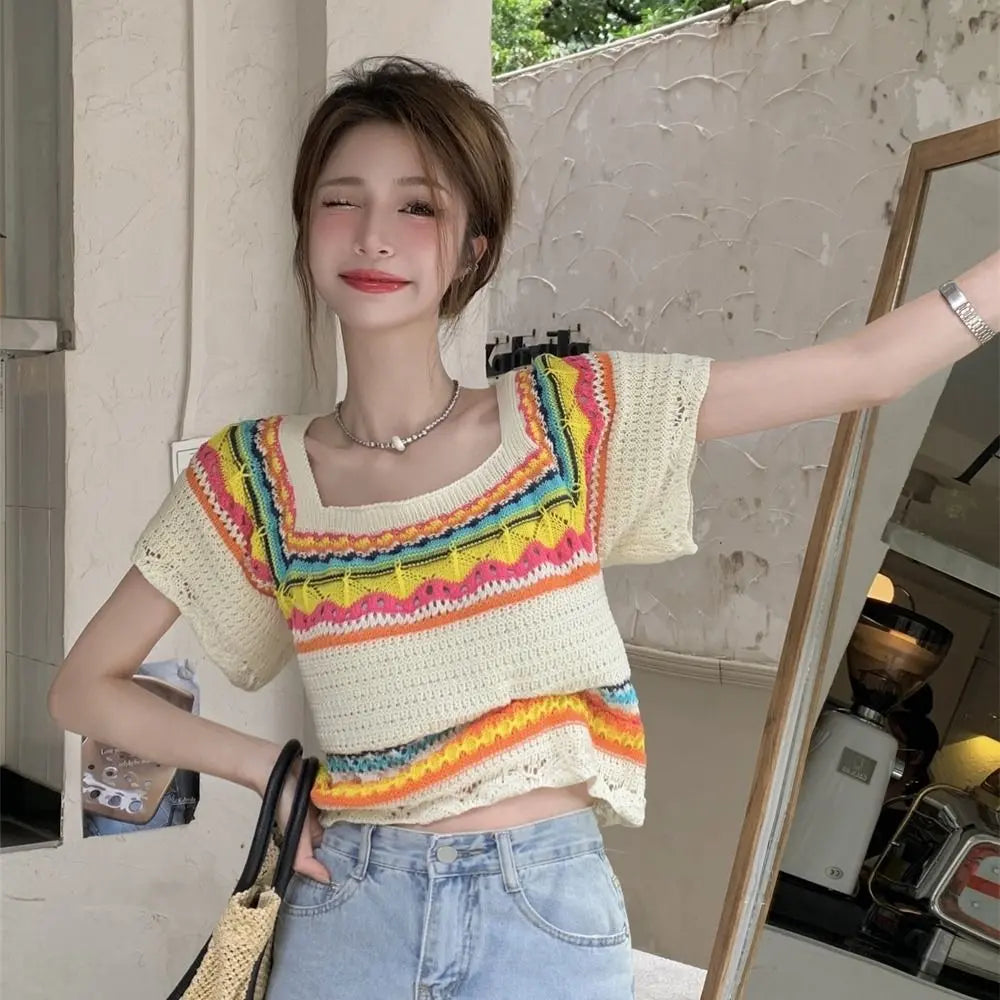 Summer Chic Contrast Colour Stripes Tops Angel Wishes