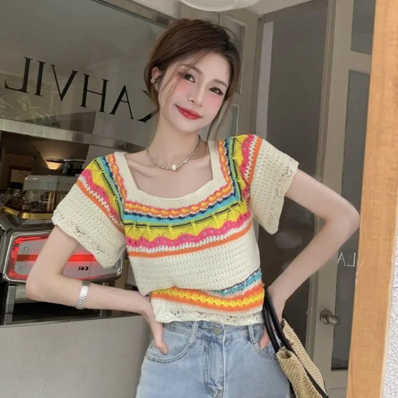 Summer Chic Contrast Colour Stripes Tops Angel Wishes