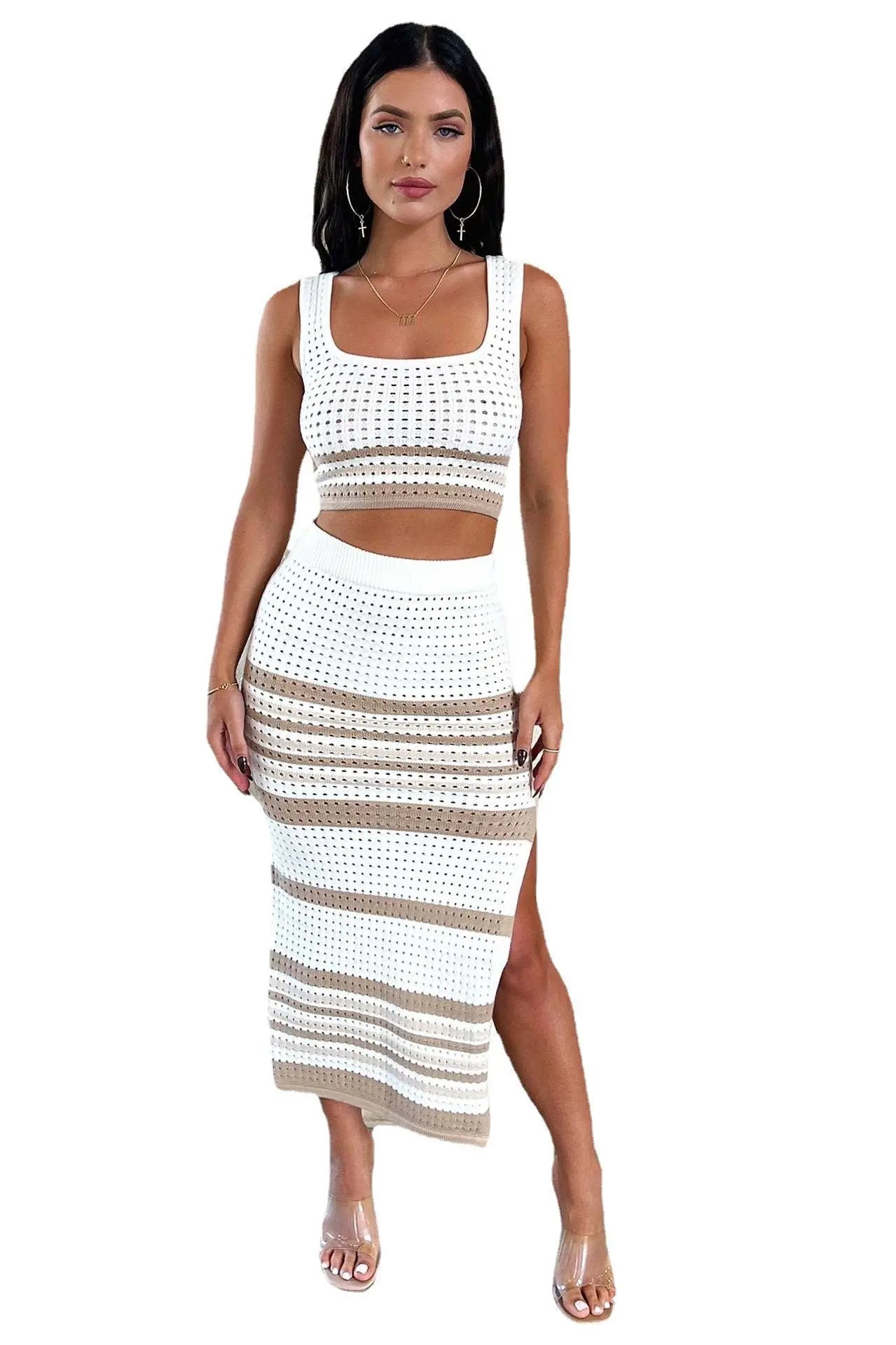 Summer New Sleeveless Vest Sexy Slit Striped Skirt Knitting Suit Angel Wishes
