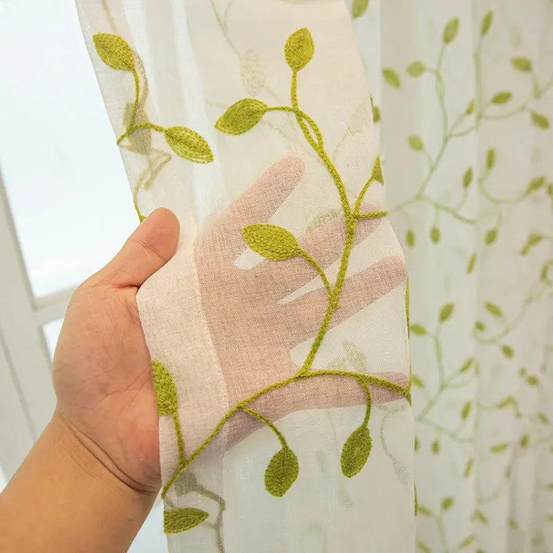 Embroidered Green Leaf Mesh Curtains Angel Wishes