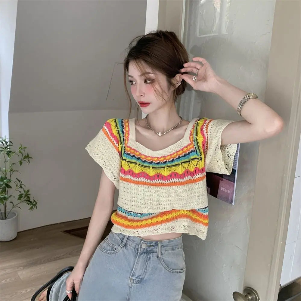 Summer Slim Chic Contrast Color Stripes Square Collar Short Sleeve Angel Wishes