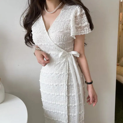 One-piece Lace Crochet Flying Sleeves Dress Female Summer Elegance V-neck Angel Wishes