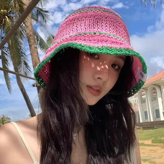 Color Matching Sweet Woven Straw Hat Female Beach Sun-proof Breathable Bucket Hat Angel Wishes