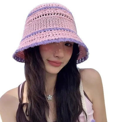 Color Matching Sweet Woven Straw Hat Female Beach Sun-proof Breathable Bucket Hat Angel Wishes