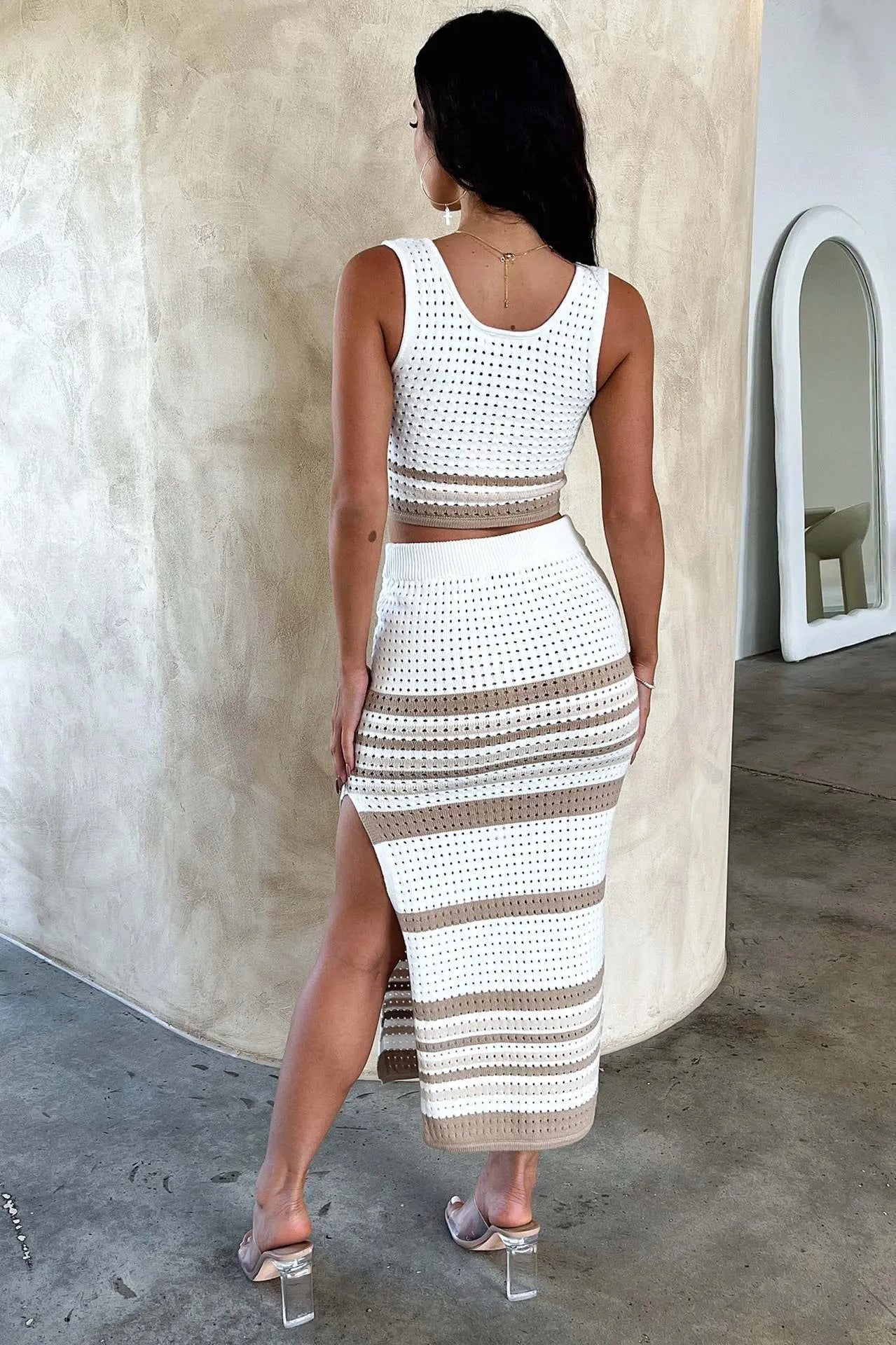 Summer New Sleeveless Vest Sexy Slit Striped Skirt Knitting Suit Angel Wishes