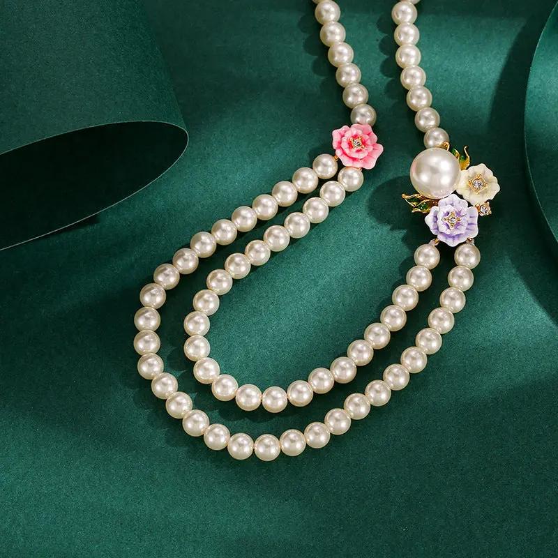 Rose Flower Double-layer Pearl Necklace Angel Wishes