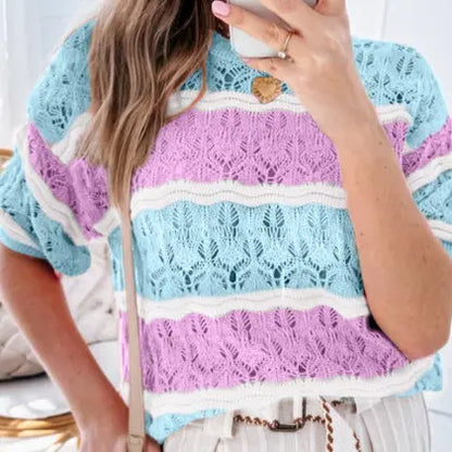 Purple Stripe Color Block Hollow Out Crochet Half Sleeve Sweater Angel Wishes