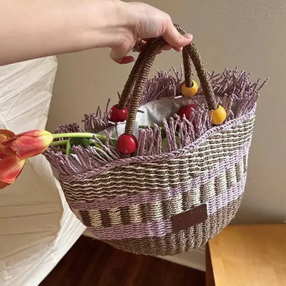 Picnic Basket Tassel Wooden Bead Decorative Cute Handbag Hand Woven Angel Wishes