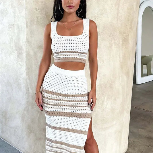 Summer New Sleeveless Vest Sexy Slit Striped Skirt Knitting Suit Angel Wishes
