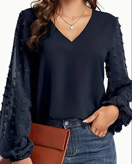 Swiss Dot V Neck Shirt - Soft, Breathable, Casual Solid Shirt For Spring And Fall Season, Women's Clothing With Relaxed Fit And Classic Style Angel Wishes