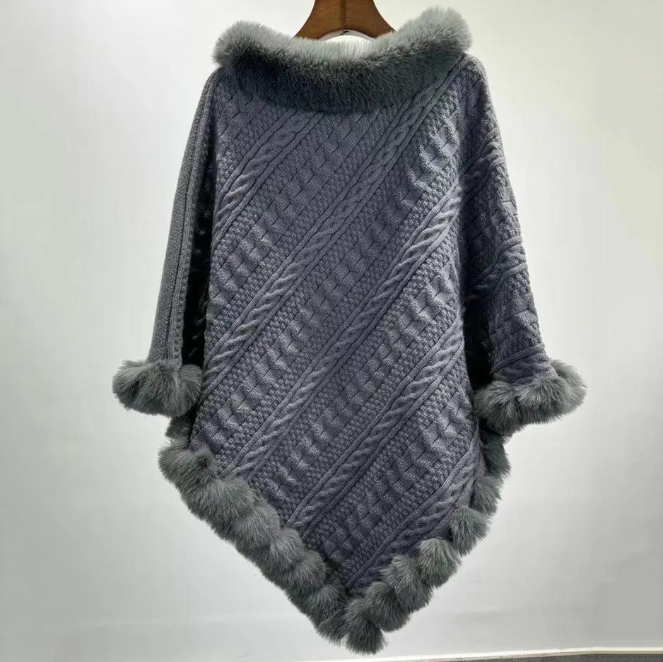 Fur Collar Oversized Knit Pullover Shawl Cloak Angel Wishes