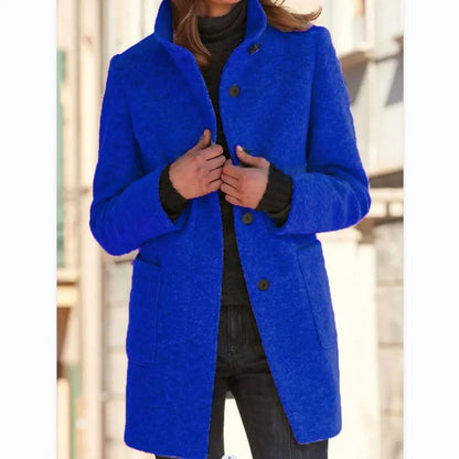 Fashion Stand Collar Woolen Coat With Pockets Fall Winter Casual Button Outwear For Women Clothing Angel Wishes