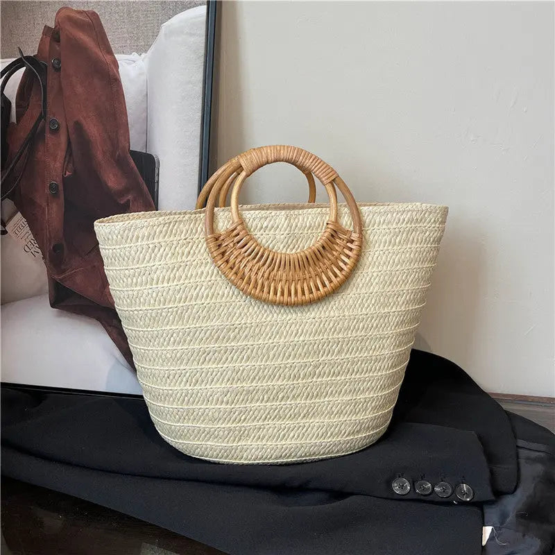 Seaside Ins Style Straw Bag Large Capacity Round Portable Angel Wishes
