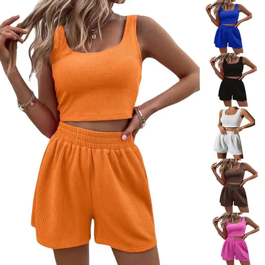Sweet Knitted Suit Summer Square Neck Vest Top And Elastic Shorts Fashion Casual Solid Color 2Pcs Set Womens Clothing Angel Wishes