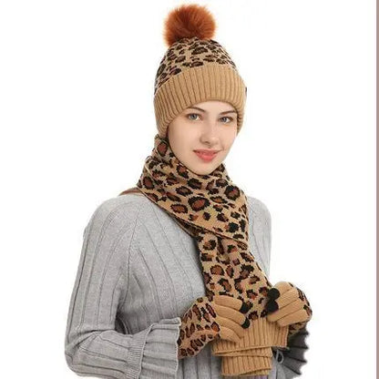 Winter Leopard Print Warm Knitted Wool Hat Scarf Gloves Three Piece Set Angel Wishes