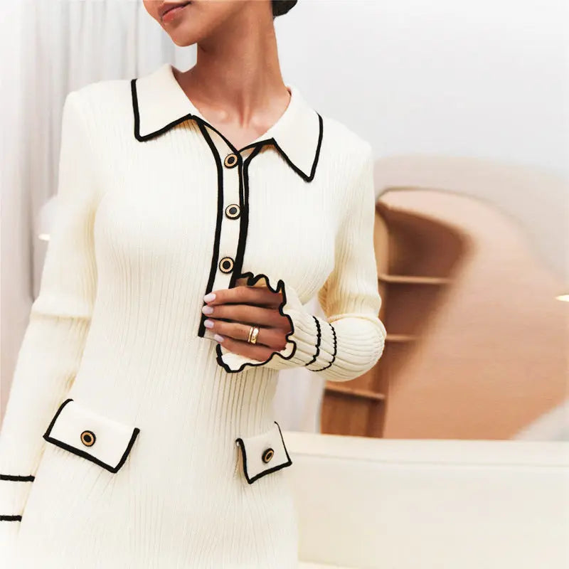 Trumpet-sleeved Knitted Dress Fashion Slim Lapel Button Dresses Fall Wainter Women's Clothing Angel Wishes